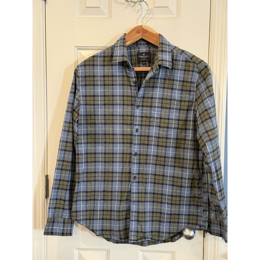 American‎ Eagle Plaid Flannel Shirt Blue Green Men's L Classic Preppy Casual
